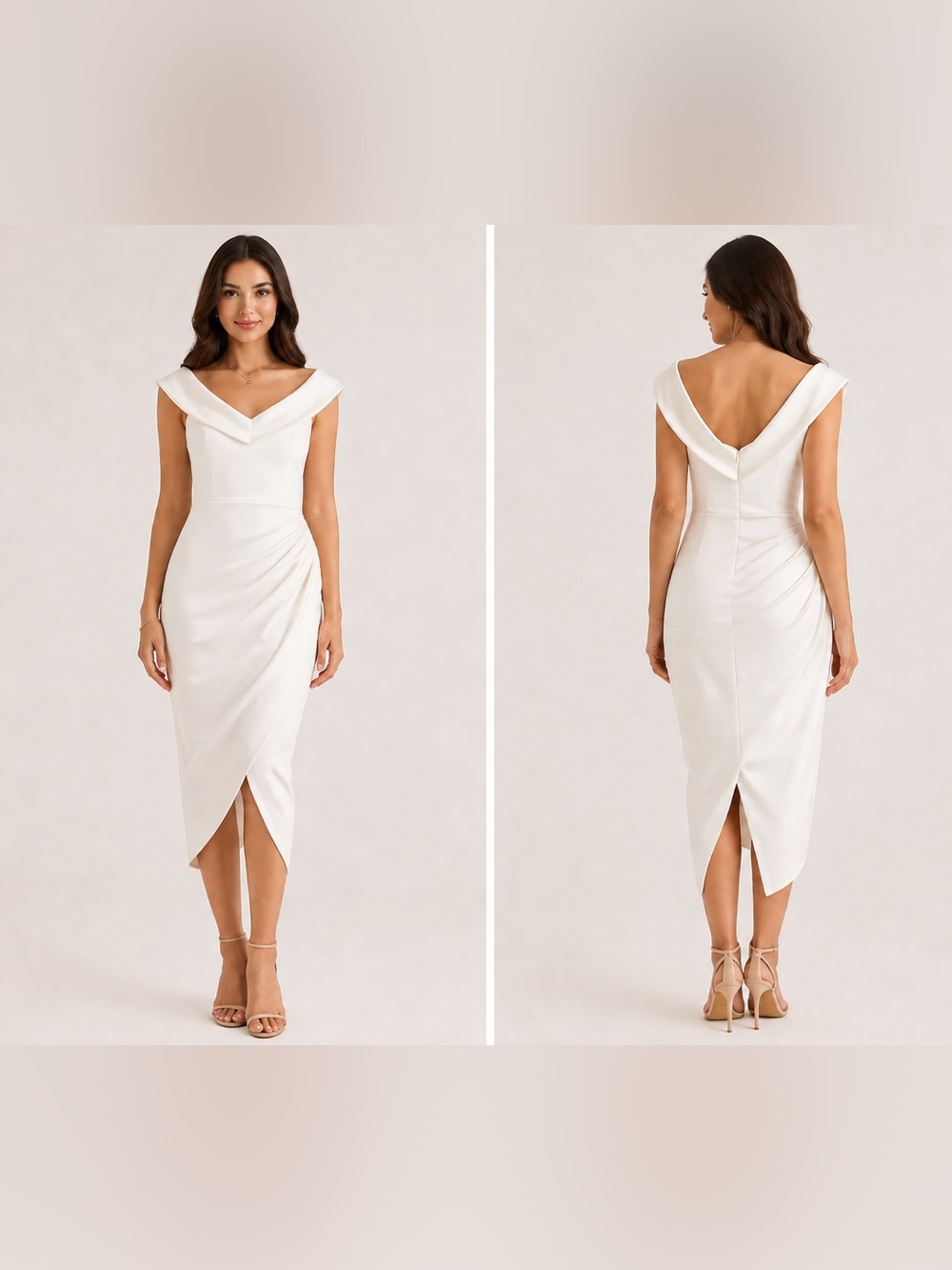 ZADYCE White Off Shoulder Midi Dress NWT Bodycon Ruched Cocktail Bridal Size M
